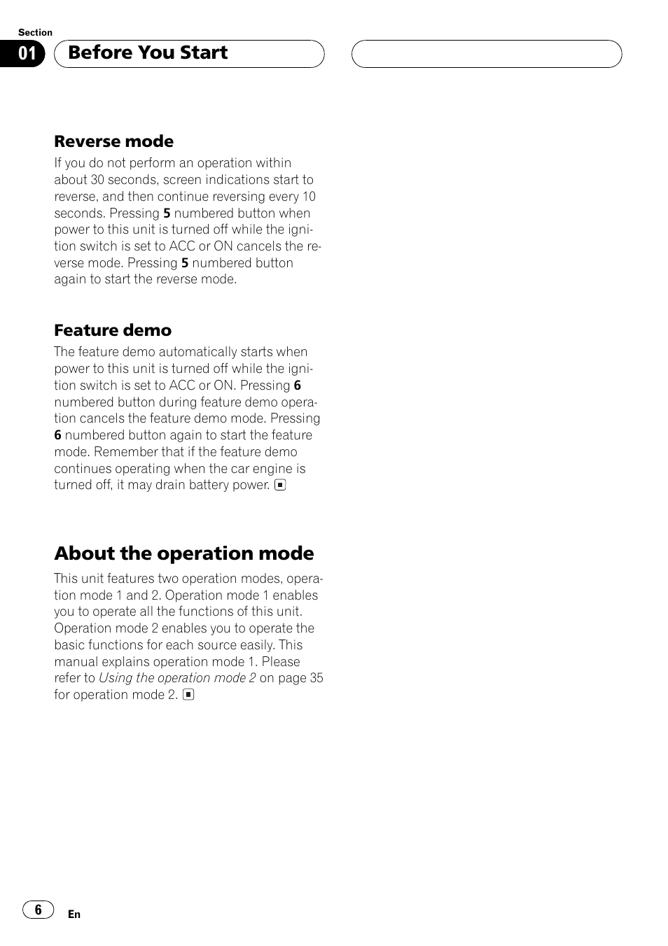 Reverse mode 6, Feature demo 6, About the operation mode 6 | About the operation mode, Before you start | Pioneer Super Tuner III D DEH-P6550 User Manual | Page 6 / 132