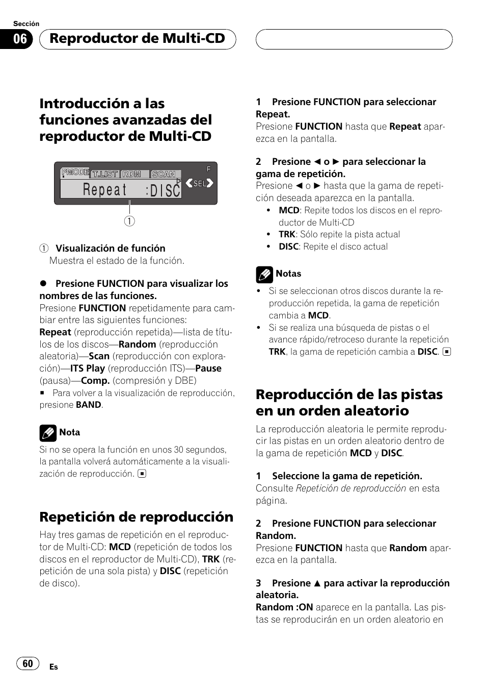Introducción a las funciones avanzadas del, Reproductor de multi-cd 60, Repetición de reproducción 60 | Reproducción de las pistas en un orden, Aleatorio 60, Repetición de reproducción, Reproducción de las pistas en un orden aleatorio, Reproductor de multi-cd | Pioneer Super Tuner III D DEH-P6550 User Manual | Page 60 / 132