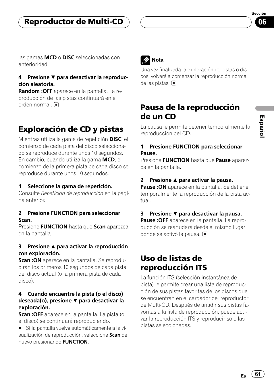 Exploración de cd y pistas 61, Pausa de la reproducción de un cd 61, Uso de listas de reproducción its 61 | Exploración de cd y pistas, Pausa de la reproducción de un cd, Uso de listas de reproducción its, Reproductor de multi-cd | Pioneer Super Tuner III D DEH-P6550 User Manual | Page 61 / 132