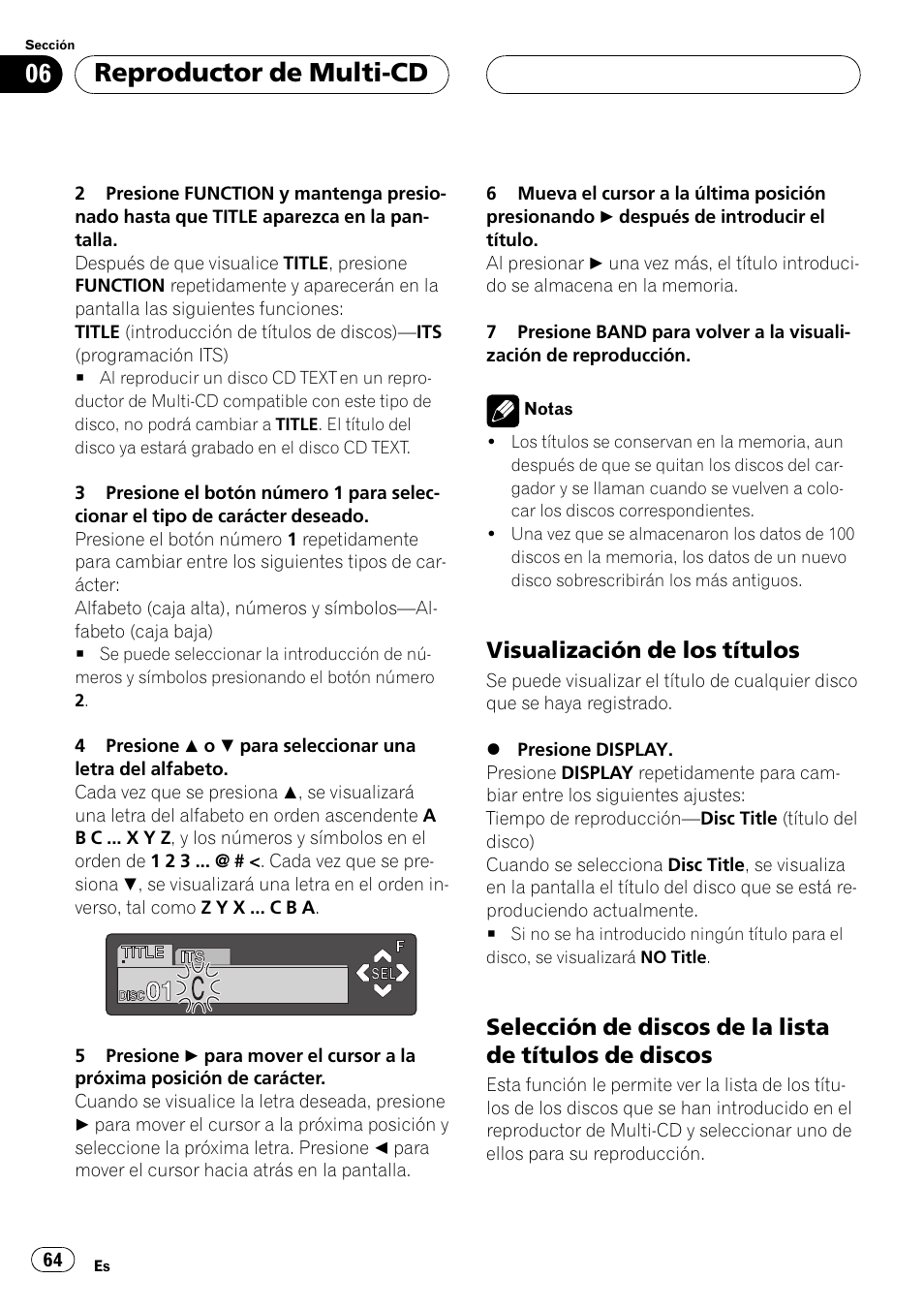 Visualización de los títulos 64, Selección de discos de la lista de, Títulos de discos 64 | Reproductor de multi-cd, Visualización de los títulos | Pioneer Super Tuner III D DEH-P6550 User Manual | Page 64 / 132