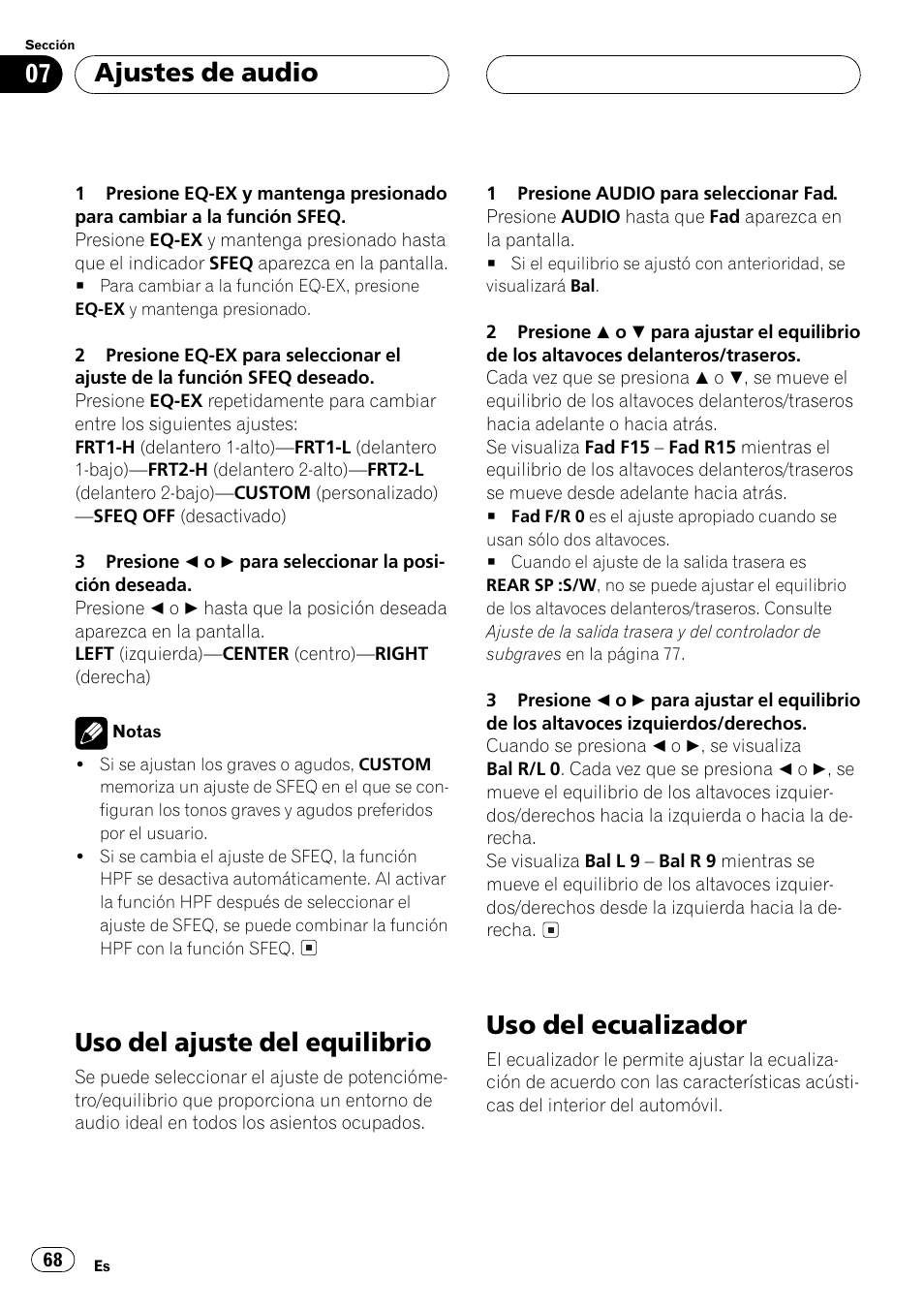 Uso del ajuste del equilibrio 68, Uso del ecualizador 68, Uso del ajuste del equilibrio | Uso del ecualizador, Ajustes de audio | Pioneer Super Tuner III D DEH-P6550 User Manual | Page 68 / 132