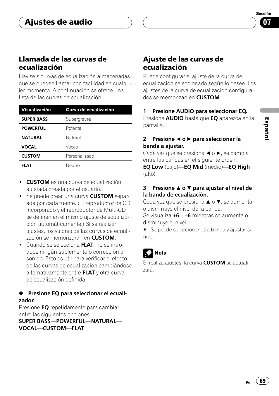 Llamada de las curvas de, Ecualización 69, Ajuste de las curvas de | Ajustes de audio, Llamada de las curvas de ecualización, Ajuste de las curvas de ecualización | Pioneer Super Tuner III D DEH-P6550 User Manual | Page 69 / 132