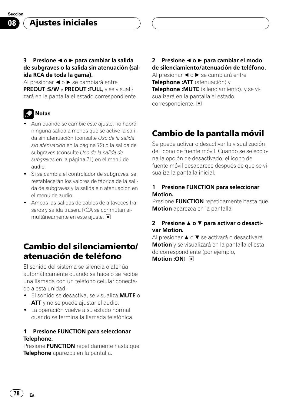 Cambio del silenciamiento/atenuación de, Teléfono 78, Cambio de la pantalla móvil 78 | Cambio del silenciamiento/ atenuación de teléfono, Cambio de la pantalla móvil, Ajustes iniciales | Pioneer Super Tuner III D DEH-P6550 User Manual | Page 78 / 132