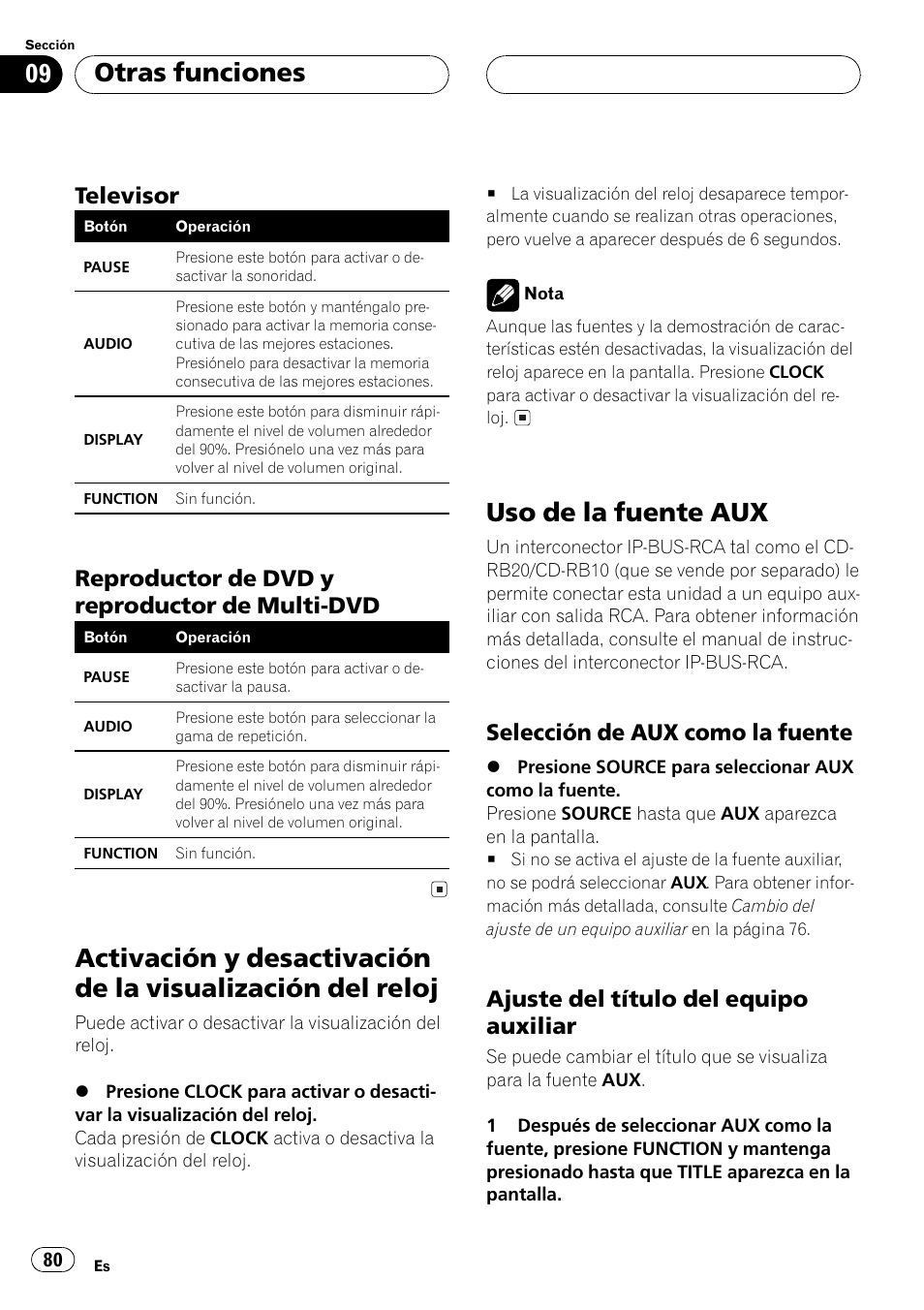 Televisor 80, Reproductor de dvd y reproductor de, Multi-dvd 80 | Activación y desactivación de la visualización, Del reloj 80, Uso de la fuente aux 80, Selección de aux como la fuente 80, Ajuste del título del equipo, Auxiliar 80, Uso de la fuente aux | Pioneer Super Tuner III D DEH-P6550 User Manual | Page 80 / 132