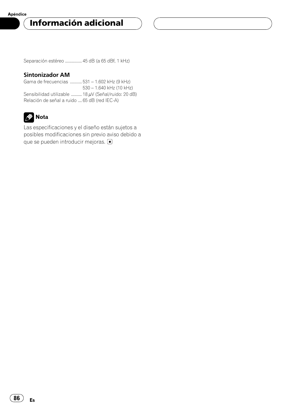 Información adicional | Pioneer Super Tuner III D DEH-P6550 User Manual | Page 86 / 132