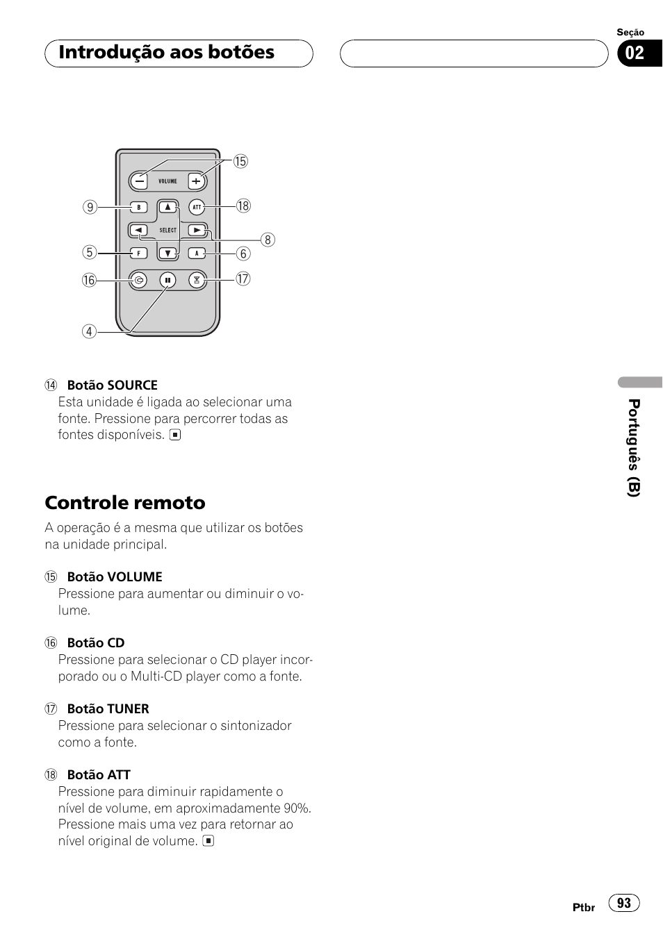 Controle remoto 93, Controle remoto, Introdução aos botões | Pioneer Super Tuner III D DEH-P6550 User Manual | Page 93 / 132