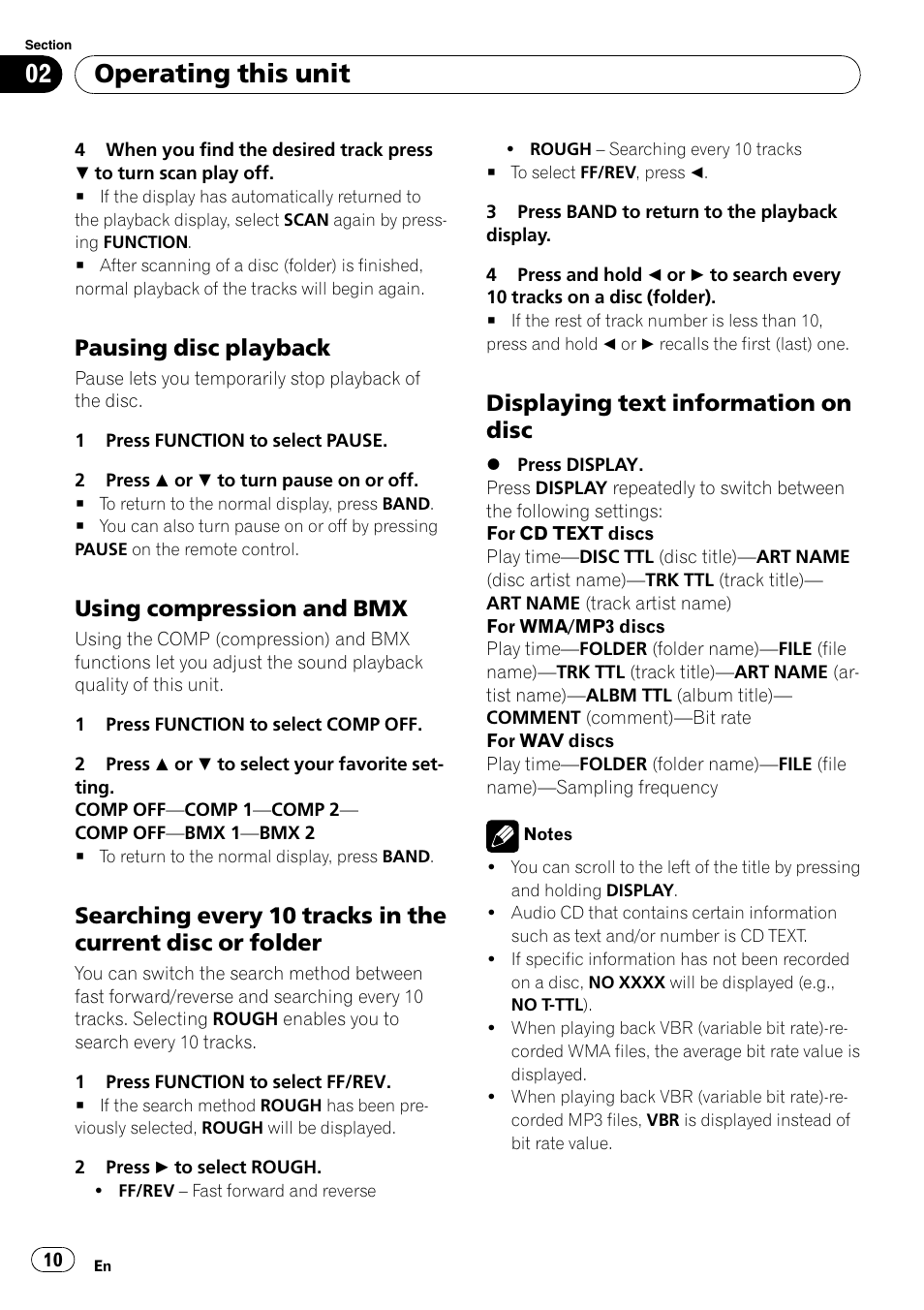 Pausing disc playback 10, Using compression and bmx 10, Searching every 10 tracks in the current | Disc or folder, Displaying text information on disc 10, Operating this unit, Pausing disc playback, Using compression and bmx, Displaying text information on disc | Pioneer DEH-2000MP User Manual | Page 10 / 62