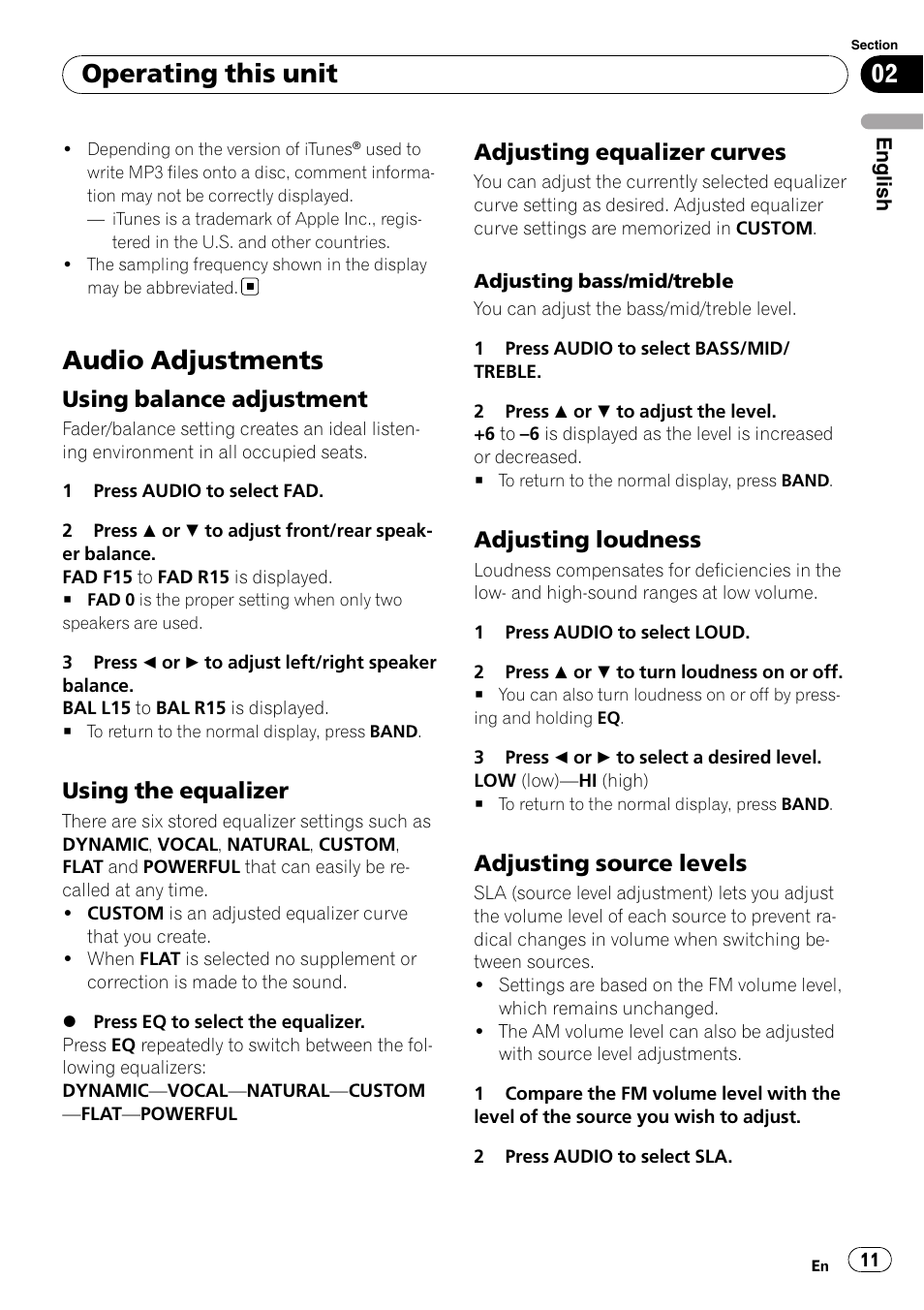 Audio adjustments, Using balance adjustment 11, Using the equalizer 11 | Adjusting equalizer curves 11, Adjusting loudness 11, Adjusting source levels 11, Operating this unit, Using balance adjustment, Using the equalizer, Adjusting equalizer curves | Pioneer DEH-2000MP User Manual | Page 11 / 62