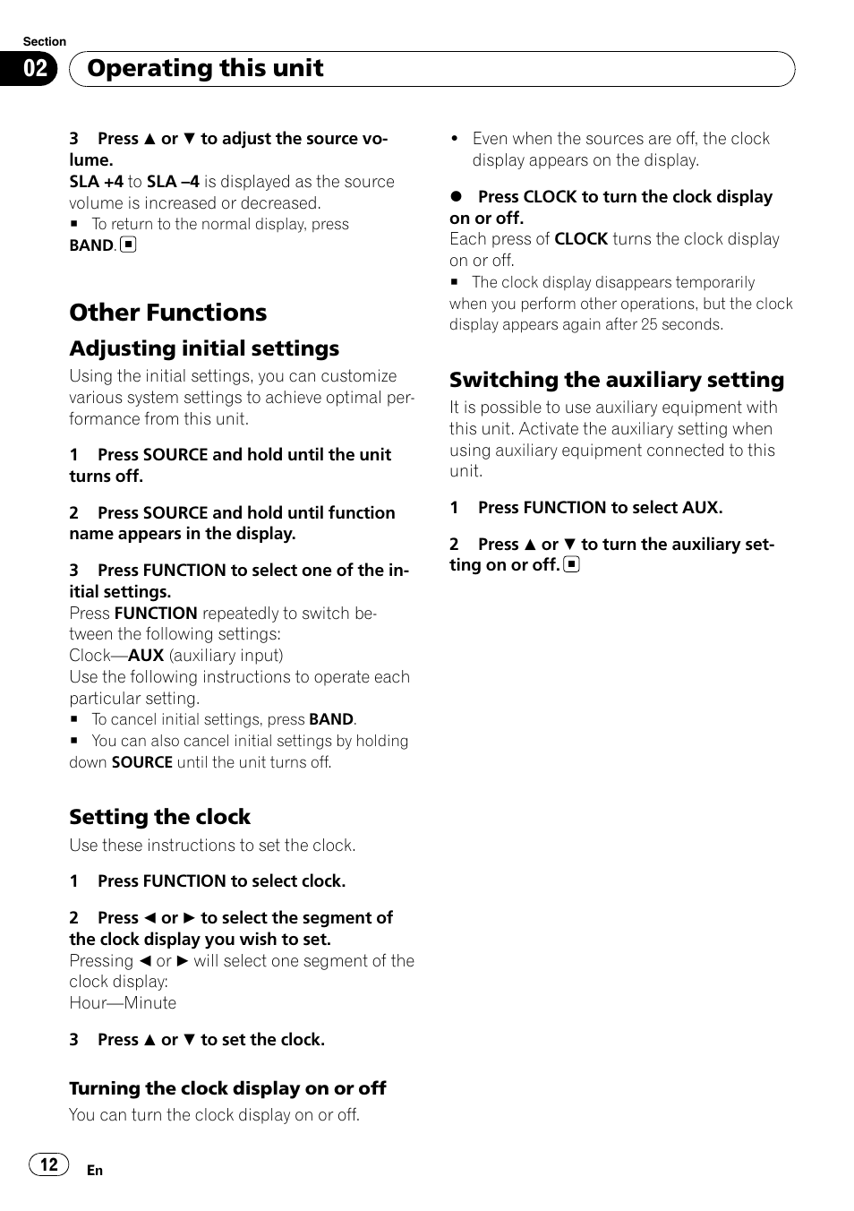 Other functions, Adjusting initial settings 12, Setting the clock 12 | Switching the auxiliary setting 12, Operating this unit, Adjusting initial settings, Setting the clock, Switching the auxiliary setting | Pioneer DEH-2000MP User Manual | Page 12 / 62