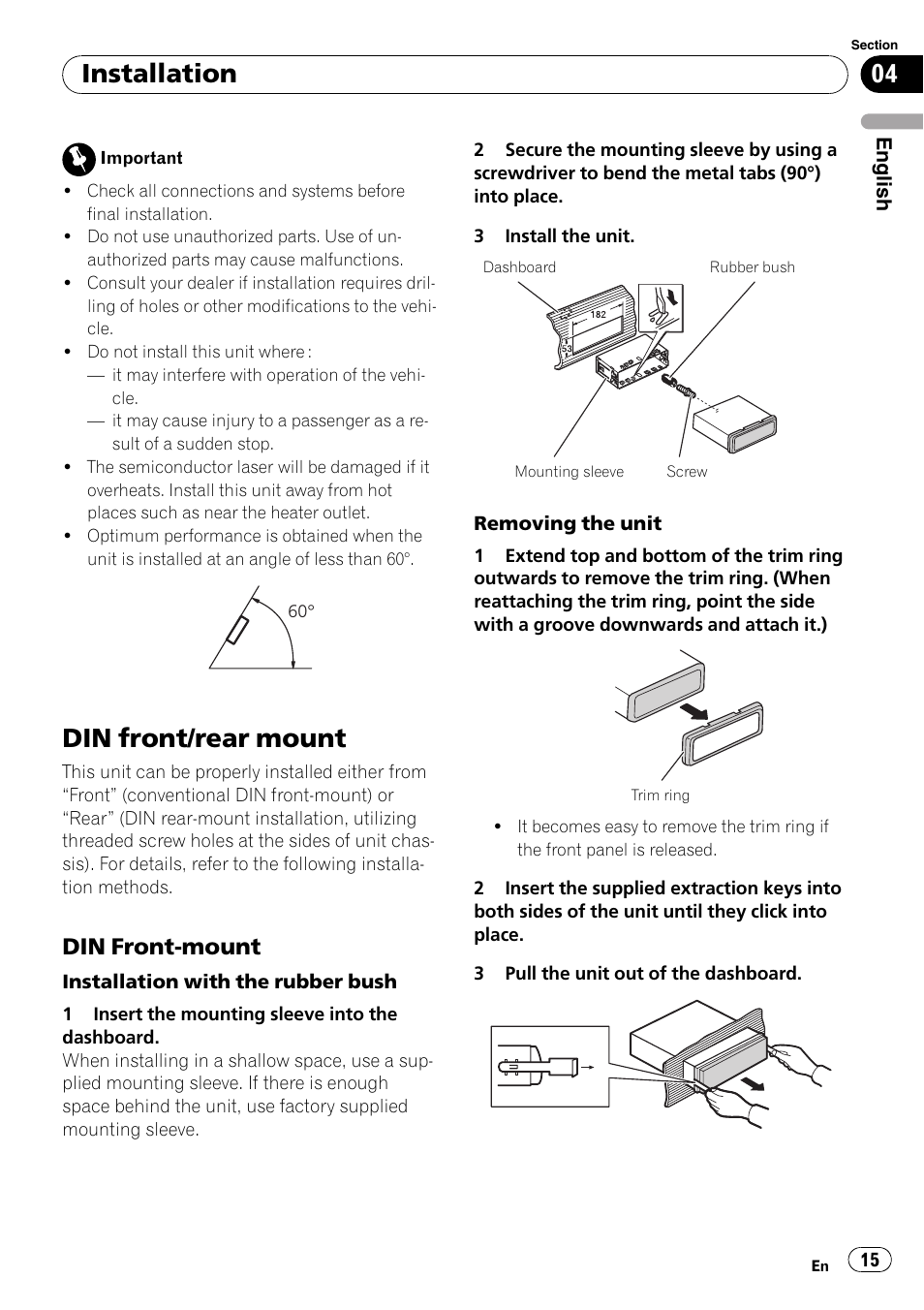 Installation din front/rear mount, Din front-mount 15, Din front/rear mount | Installation, Din front-mount | Pioneer DEH-2000MP User Manual | Page 15 / 62