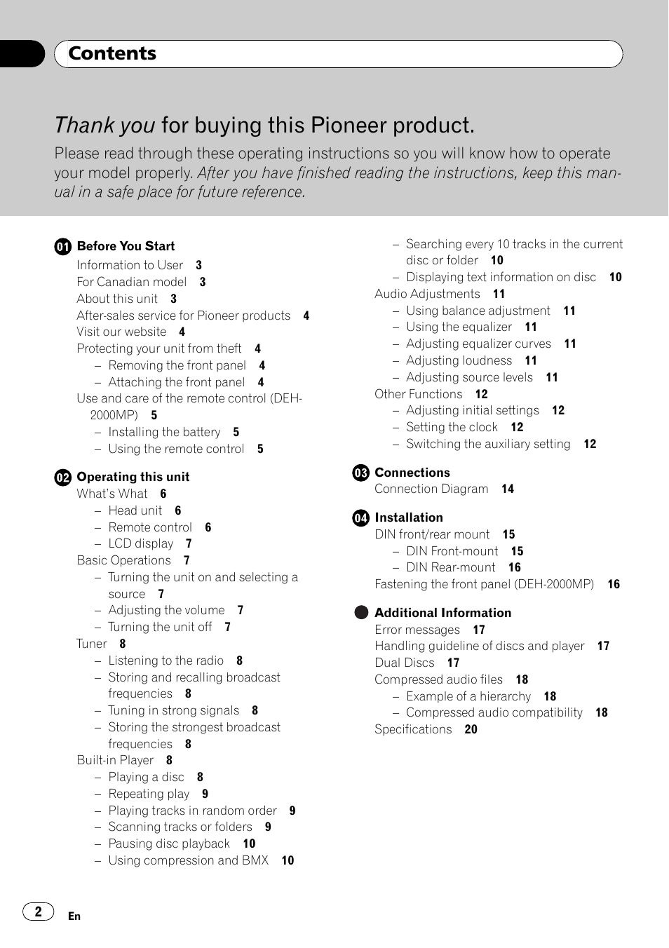 Pioneer DEH-2000MP User Manual | Page 2 / 62