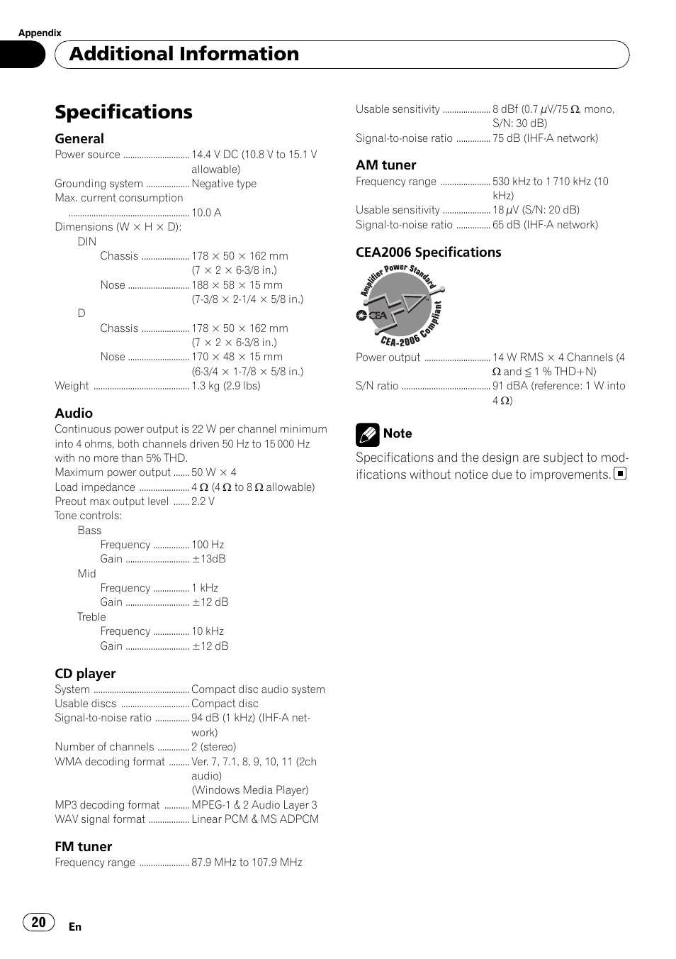 Specifications, Additional information | Pioneer DEH-2000MP User Manual | Page 20 / 62