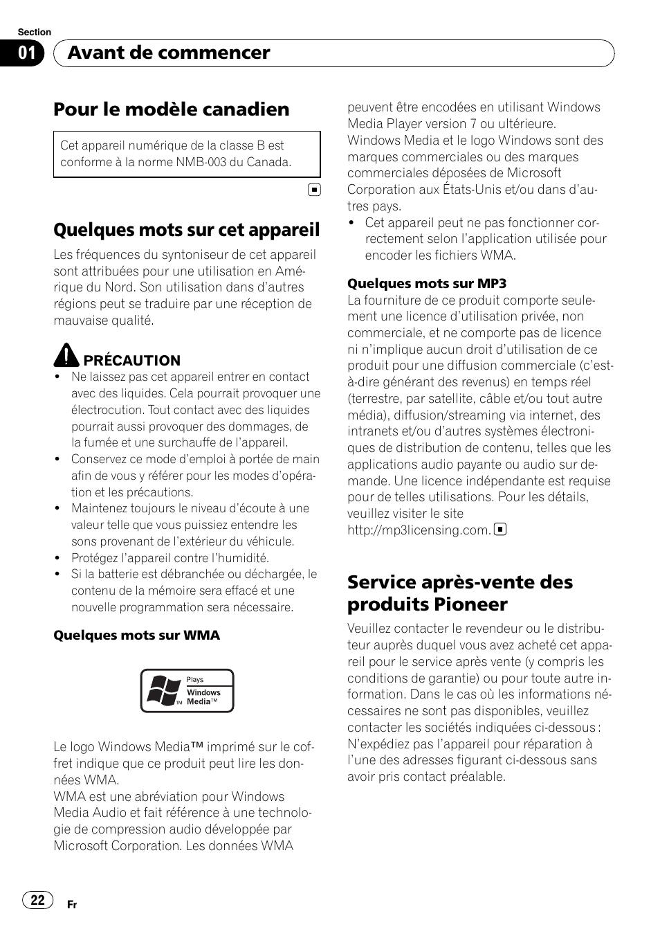 Avant de commencer, Pour le modèle canadien, Quelques mots sur cet appareil | Service après-vente des produits pioneer | Pioneer DEH-2000MP User Manual | Page 22 / 62