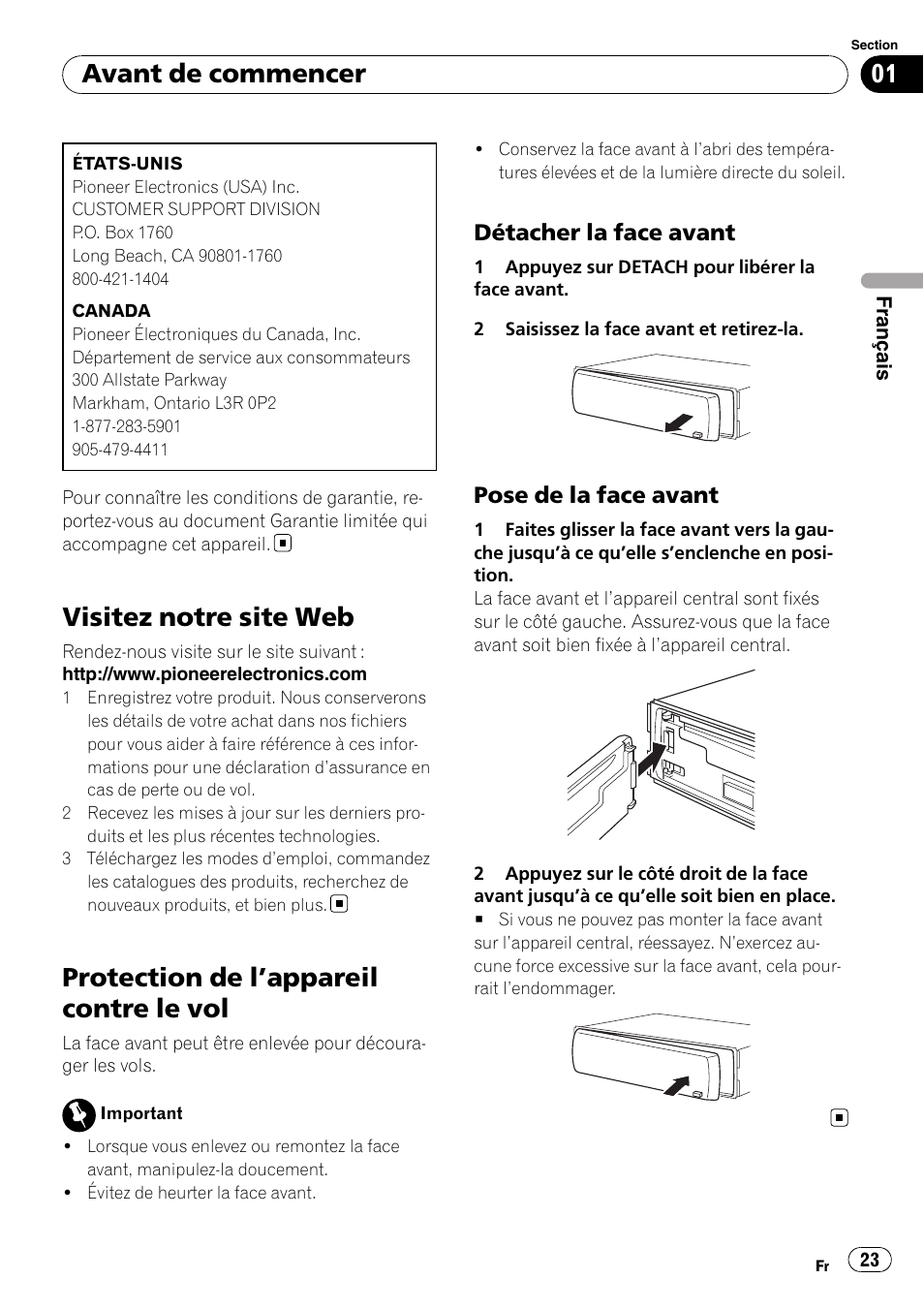 Visitez notre site web, Protection de l, Appareil contre le vol 23 | Détacher la face avant 23, Pose de la face avant 23, Protection de l ’appareil contre le vol, Avant de commencer, Détacher la face avant, Pose de la face avant | Pioneer DEH-2000MP User Manual | Page 23 / 62