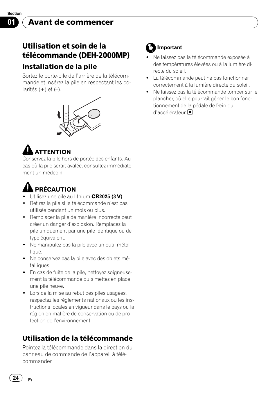 Utilisation et soin de la télécommande (deh, 2000mp), Installation de la pile 24 | Utilisation de la télécommande 24, Avant de commencer, Installation de la pile, Utilisation de la télécommande | Pioneer DEH-2000MP User Manual | Page 24 / 62