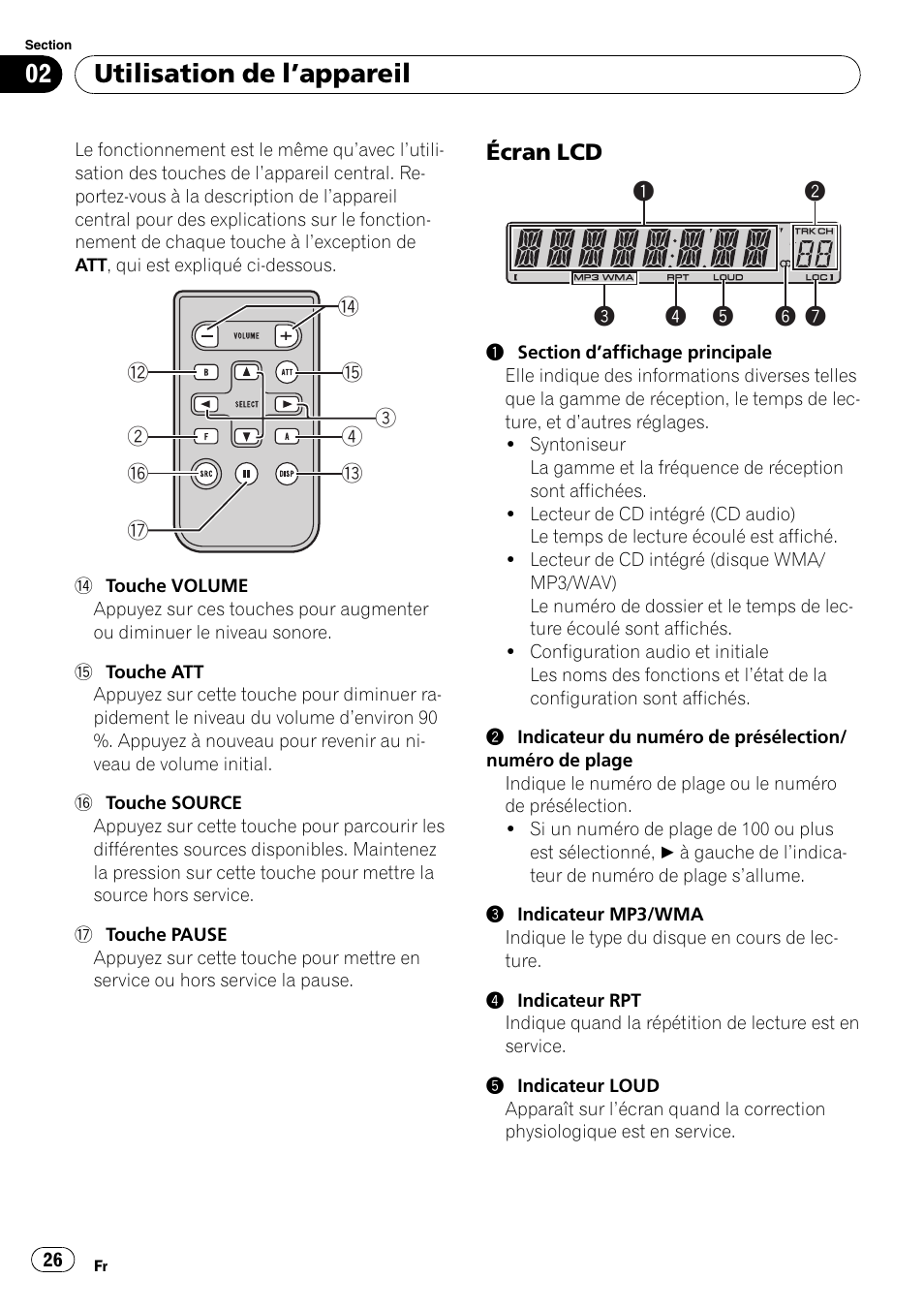 Écran lcd 26, Utilisation de l ’appareil | Pioneer DEH-2000MP User Manual | Page 26 / 62