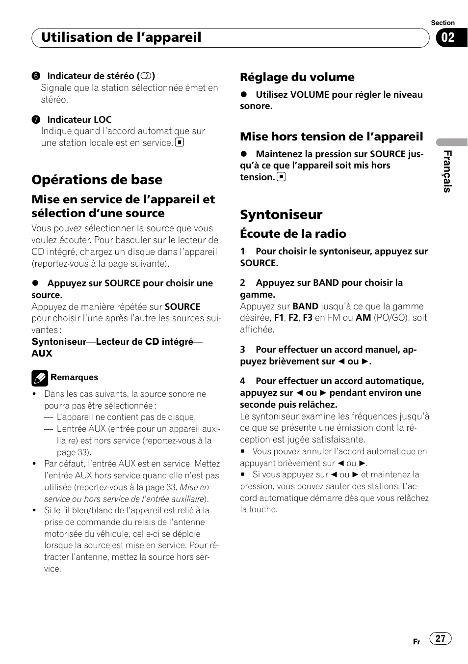 Opérations de base, Mise en service de l’appareil et, Sélection d | Une source 27, Réglage du volume 27, Mise hors tension de l’appareil 27, Syntoniseur, Écoute de la radio 27, Utilisation de l ’appareil | Pioneer DEH-2000MP User Manual | Page 27 / 62