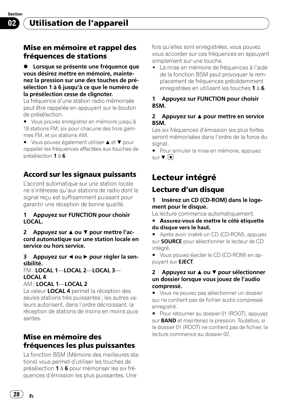 Mise en mémoire et rappel des, Fréquences de stations, Accord sur les signaux puissants 28 | Mise en mémoire des fréquences les, Plus puissantes, Lecteur intégré, Lecture d’un disque 28, Utilisation de l ’appareil, Accord sur les signaux puissants, Mise en mémoire des fréquences les plus puissantes | Pioneer DEH-2000MP User Manual | Page 28 / 62