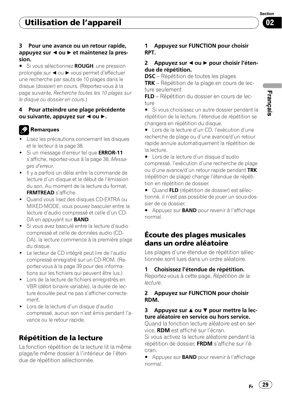 Répétition de la lecture 29, Écoute des plages musicales dans un, Ordre aléatoire | Utilisation de l ’appareil, Répétition de la lecture | Pioneer DEH-2000MP User Manual | Page 29 / 62