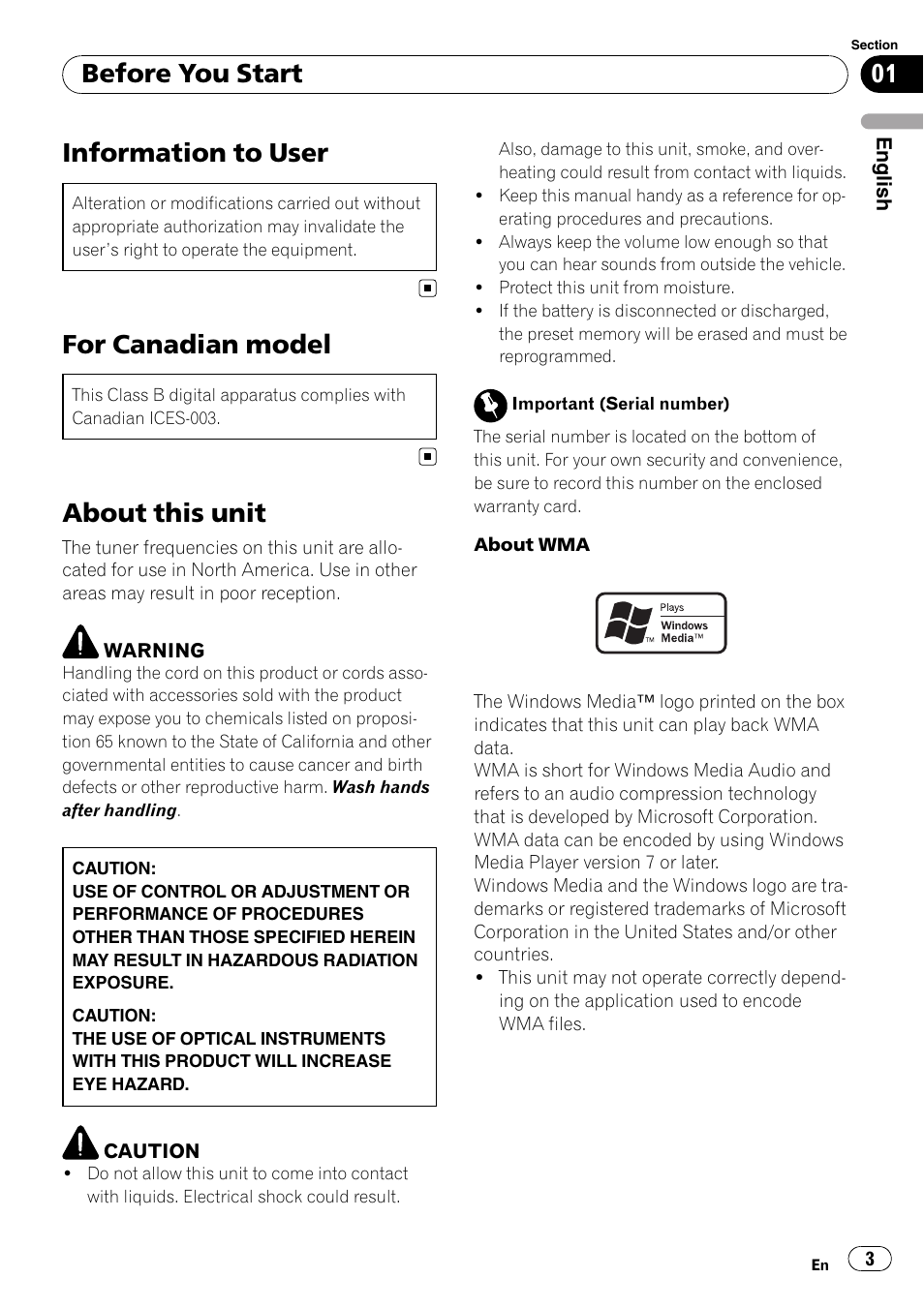 Before you start, Information to user, For canadian model | About this unit | Pioneer DEH-2000MP User Manual | Page 3 / 62