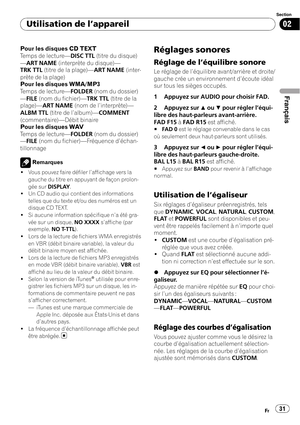 Réglages sonores, Réglage de l’équilibre sonore 31, Utilisation de l’égaliseur 31 | Réglage des courbes d’égalisation 31, Utilisation de l ’appareil, Réglage de l ’équilibre sonore, Utilisation de l ’égaliseur, Réglage des courbes d ’égalisation | Pioneer DEH-2000MP User Manual | Page 31 / 62