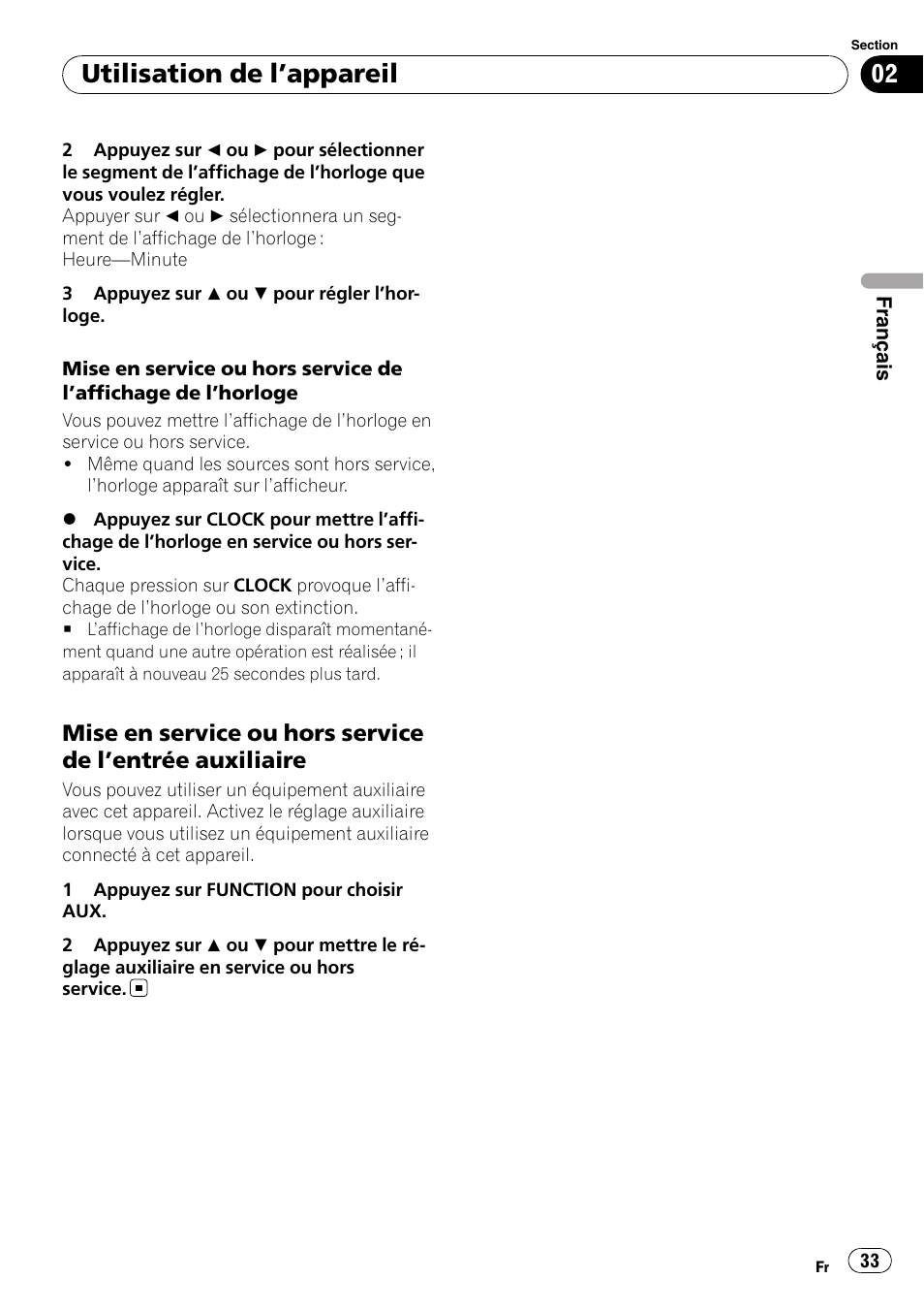 Mise en service ou hors service de, Entrée auxiliaire 33, Entrée auxiliaire | Utilisation de l ’appareil | Pioneer DEH-2000MP User Manual | Page 33 / 62