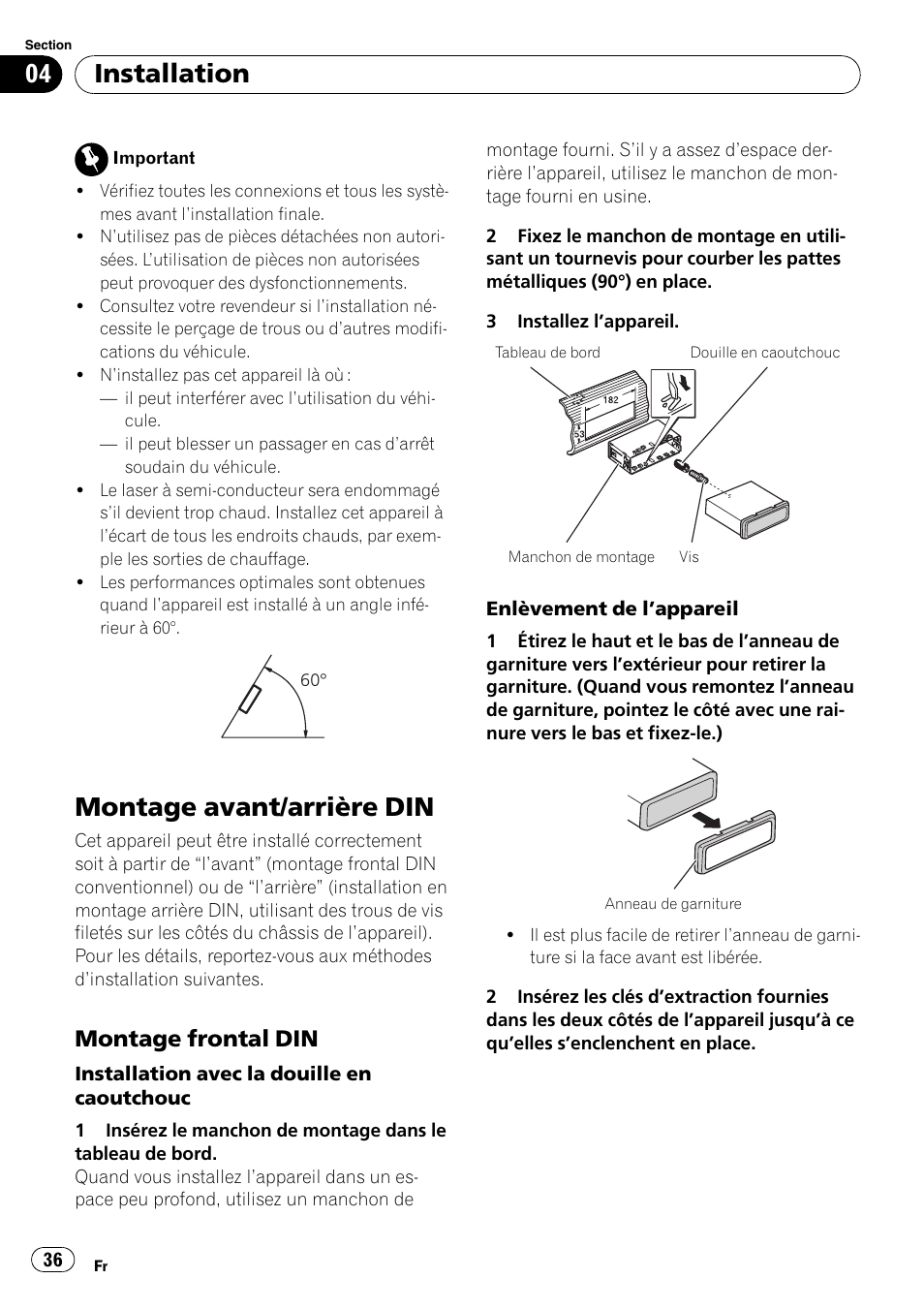 Installation montage avant/arrière din, Montage frontal din 36, Montage avant/arrière din | Installation, Montage frontal din | Pioneer DEH-2000MP User Manual | Page 36 / 62