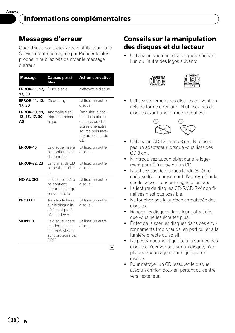 Informations complémentaires messages d, Erreur 38, Conseils sur la manipulation des disques et | Du lecteur, Ges d, Erreur, Messages d ’erreur, Informations complémentaires | Pioneer DEH-2000MP User Manual | Page 38 / 62