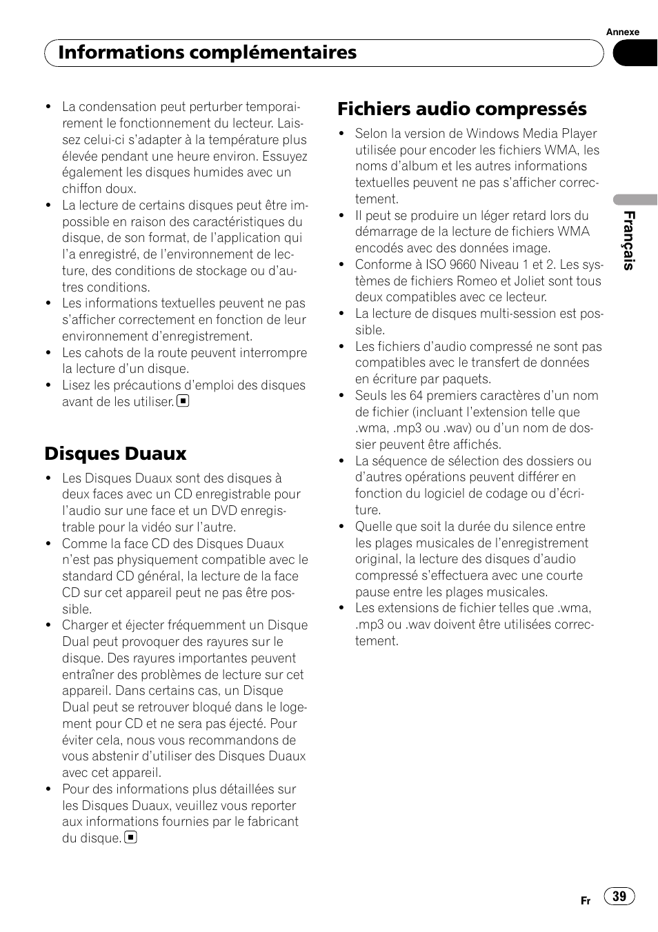 Disques duaux, Fichiers audio compressés, Informations complémentaires | Pioneer DEH-2000MP User Manual | Page 39 / 62