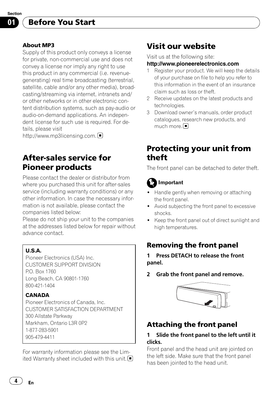 After-sales service for pioneer products, Visit our website, Protecting your unit from theft | Removing the front panel 4, Attaching the front panel 4, Before you start | Pioneer DEH-2000MP User Manual | Page 4 / 62