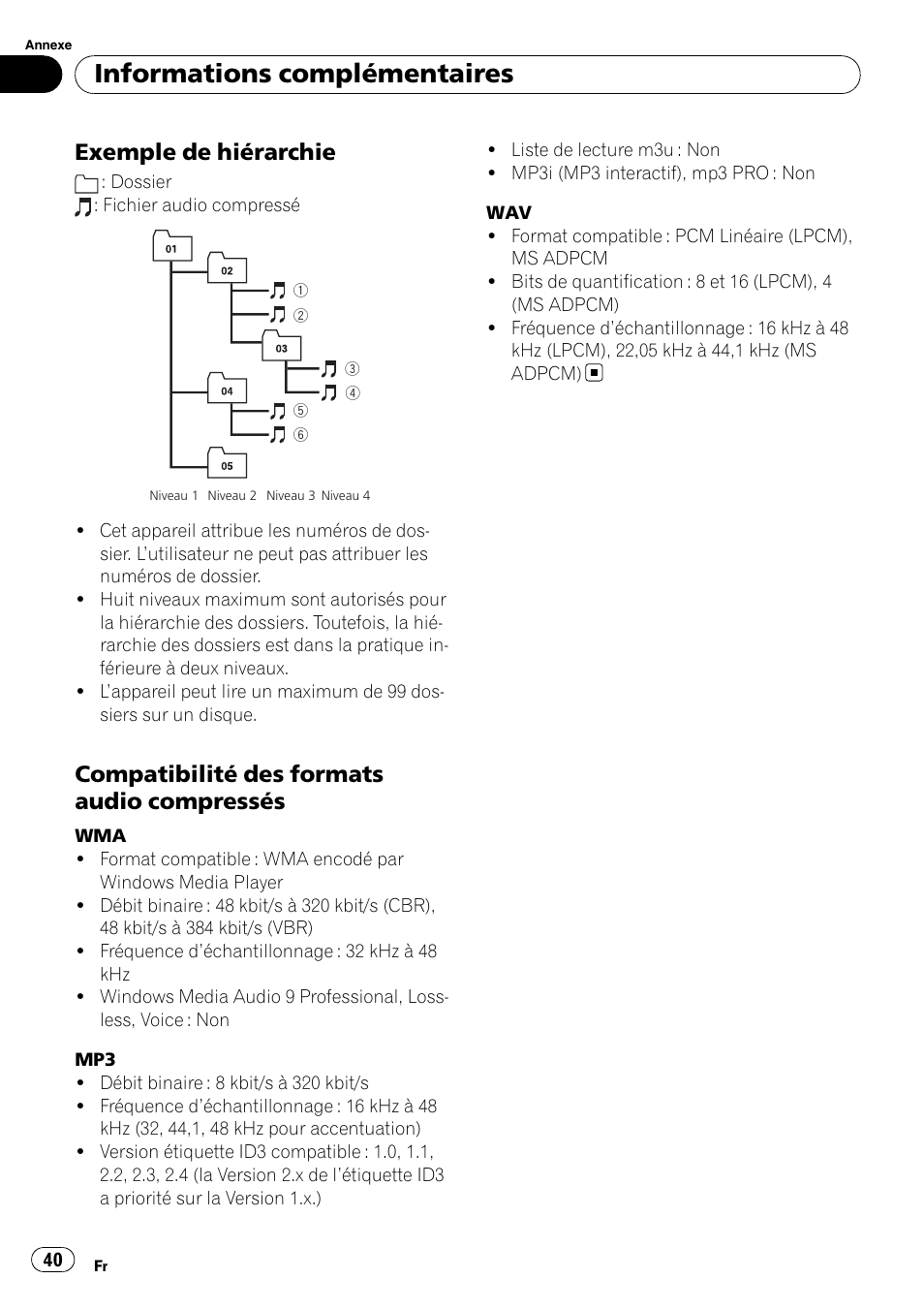 Exemple de hiérarchie 40, Compatibilité des formats audio, Compressés | Informations complémentaires, Exemple de hiérarchie, Compatibilité des formats audio compressés | Pioneer DEH-2000MP User Manual | Page 40 / 62