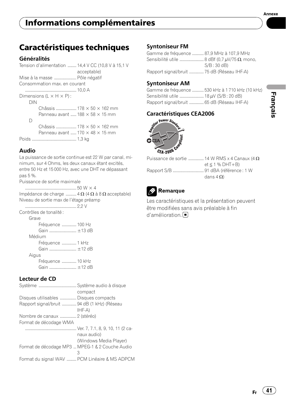 Caractéristiques techniques, Informations complémentaires, Français | Pioneer DEH-2000MP User Manual | Page 41 / 62