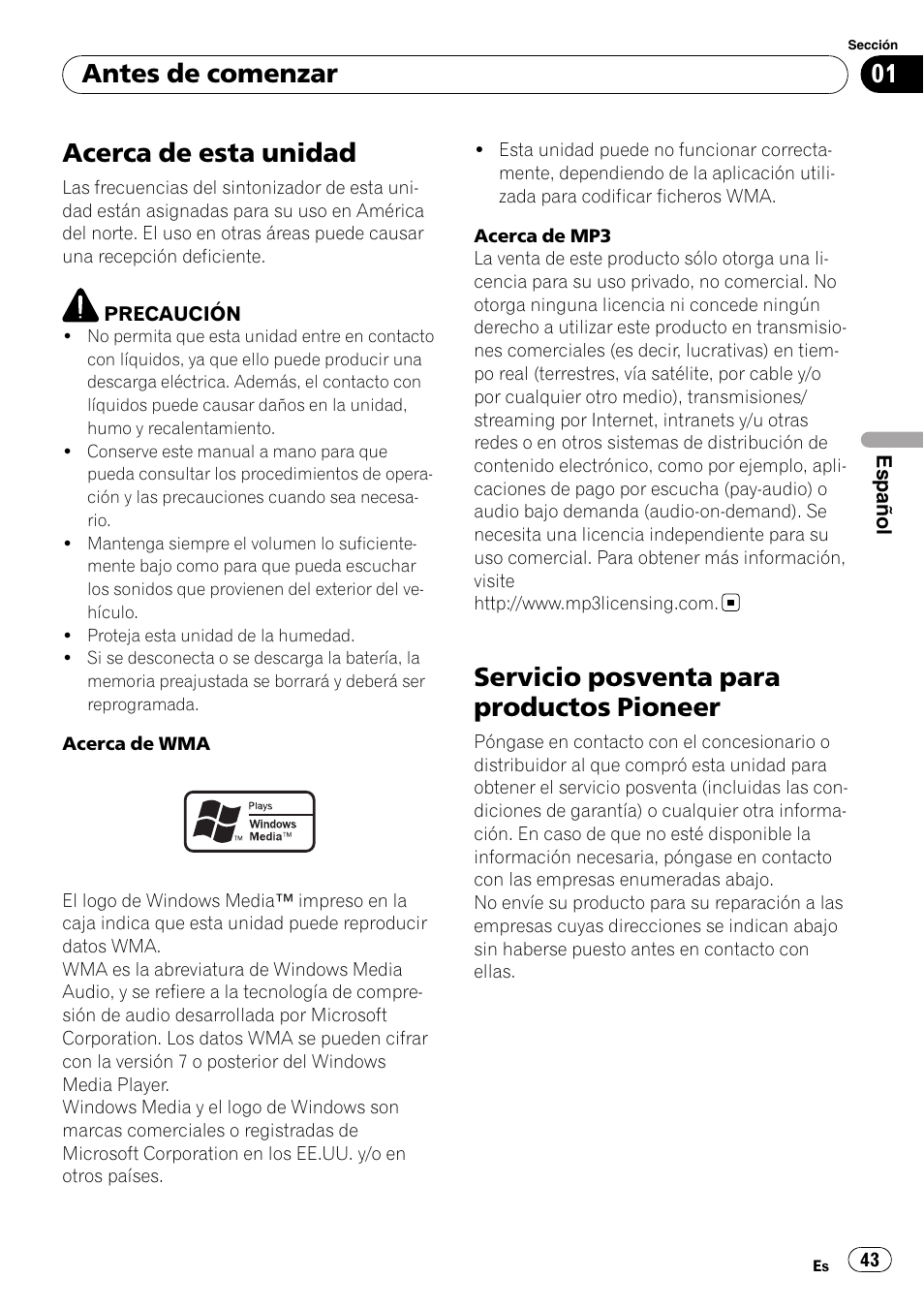 Antes de comenzar, Acerca de esta unidad, Servicio posventa para productos | Pioneer, Servicio posventa para productos pioneer | Pioneer DEH-2000MP User Manual | Page 43 / 62