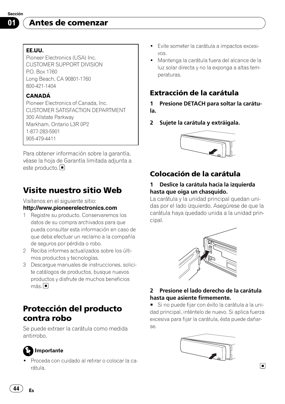 Visite nuestro sitio web, Protección del producto contra robo, Extracción de la carátula 44 | Colocación de la carátula 44, Antes de comenzar, Extracción de la carátula, Colocación de la carátula | Pioneer DEH-2000MP User Manual | Page 44 / 62