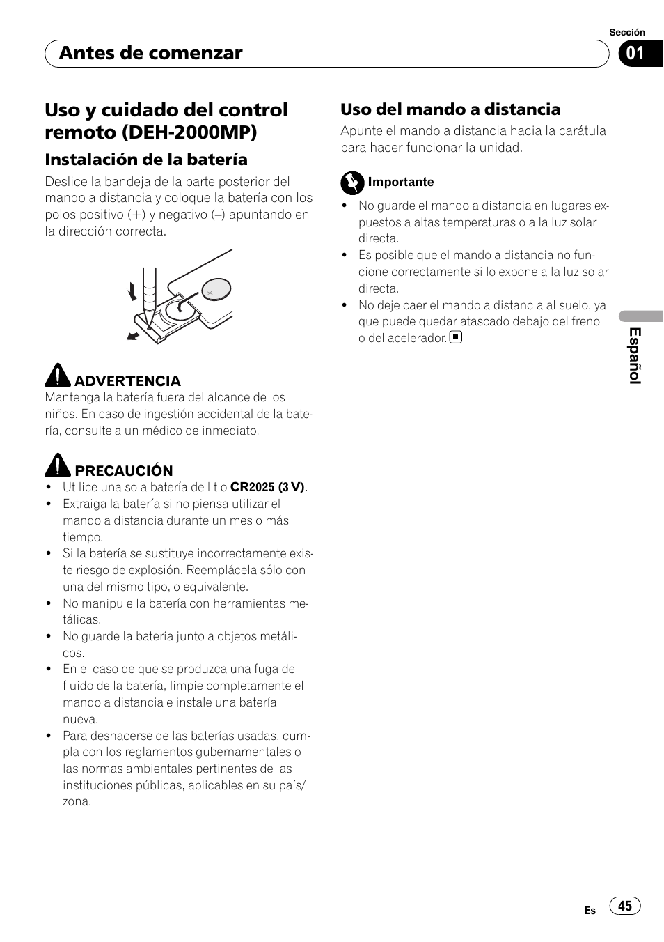 Uso y cuidado del control remoto (deh, 2000mp), Instalación de la batería 45 | Uso del mando a distancia 45, Uso y cuidado del control remoto (deh-2000mp), Antes de comenzar, Instalación de la batería, Uso del mando a distancia | Pioneer DEH-2000MP User Manual | Page 45 / 62