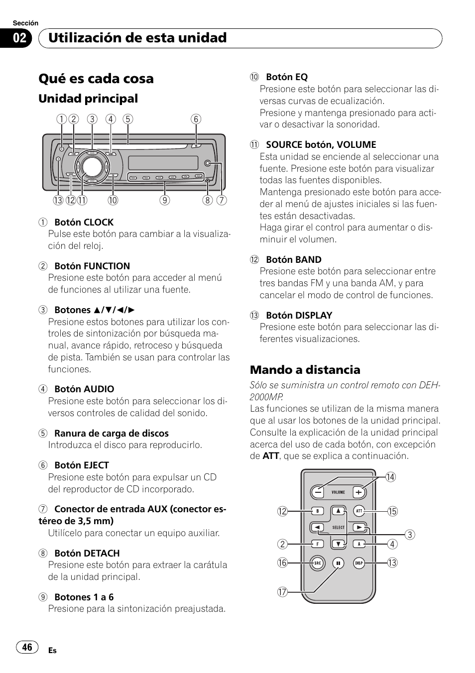 Utilización de esta unidad qué es cada cosa, Unidad principal 46, Mando a distancia 46 | Qué es cada cosa, Utilización de esta unidad | Pioneer DEH-2000MP User Manual | Page 46 / 62