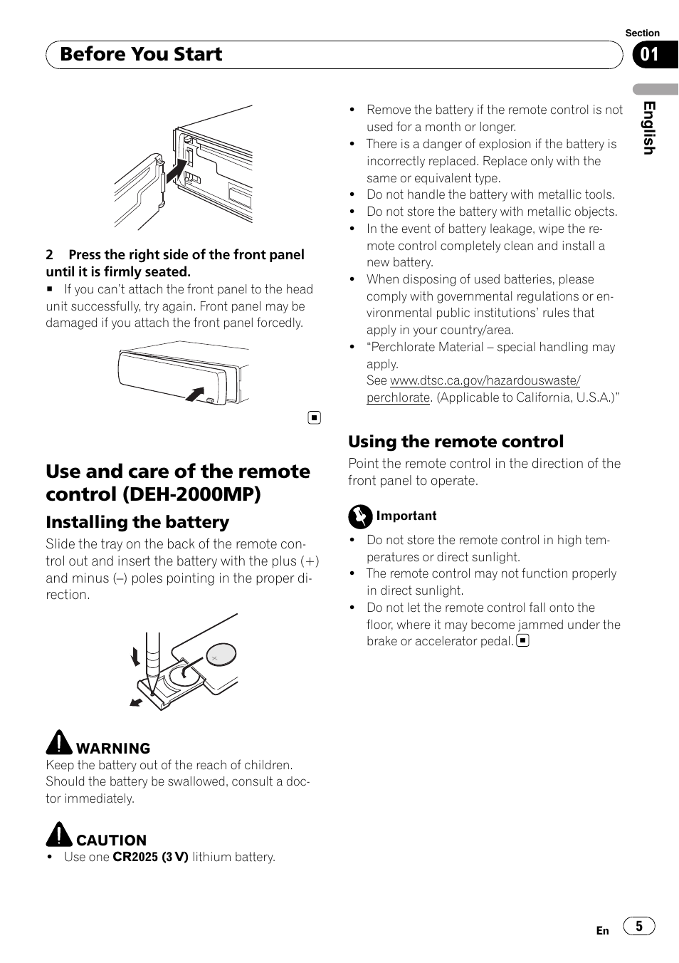 Use and care of the remote control (deh, 2000mp), Installing the battery 5 | Using the remote control 5, Use and care of the remote control (deh-2000mp), Before you start, Installing the battery, Using the remote control | Pioneer DEH-2000MP User Manual | Page 5 / 62