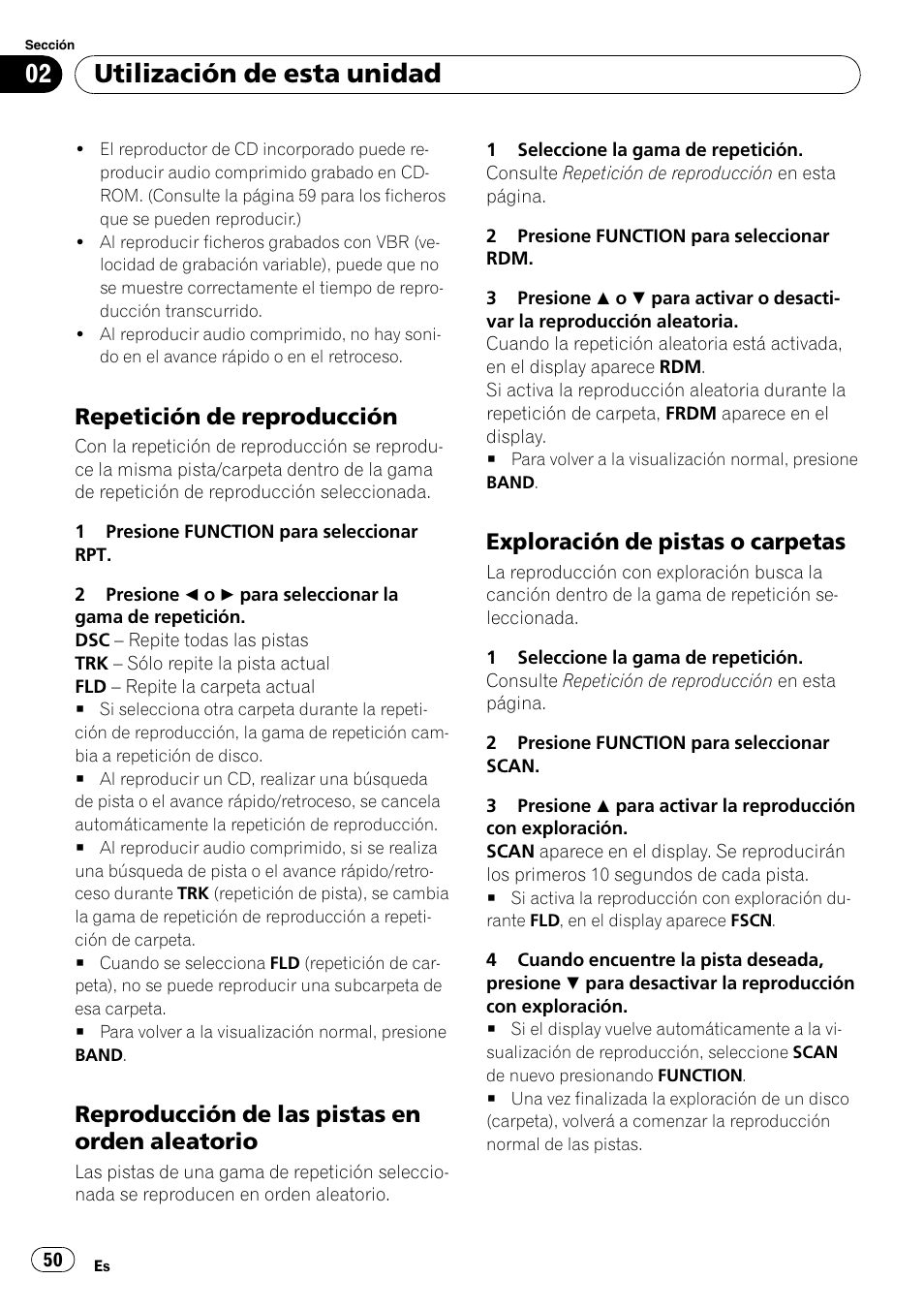 Repetición de reproducción 50, Reproducción de las pistas en orden, Aleatorio | Exploración de pistas o carpetas 50, Utilización de esta unidad, Repetición de reproducción, Reproducción de las pistas en orden aleatorio, Exploración de pistas o carpetas | Pioneer DEH-2000MP User Manual | Page 50 / 62