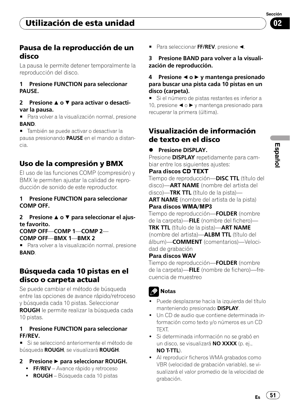 Pausa de la reproducción de un, Disco, Uso de la compresión y bmx 51 | Búsqueda cada 10 pistas en el disco o, Carpeta actual, Visualización de información de texto, En el disco, Utilización de esta unidad, Pausa de la reproducción de un disco, Uso de la compresión y bmx | Pioneer DEH-2000MP User Manual | Page 51 / 62