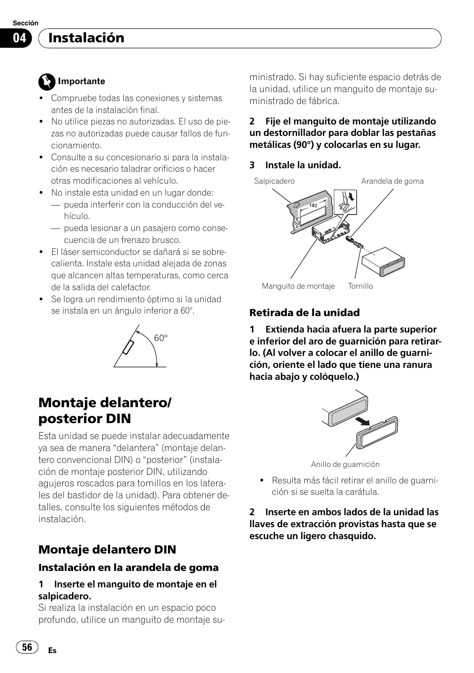 Instalación montaje delantero/posterior din, Montaje delantero din 56, Montaje delantero/ posterior din | Instalación, Montaje delantero din | Pioneer DEH-2000MP User Manual | Page 56 / 62