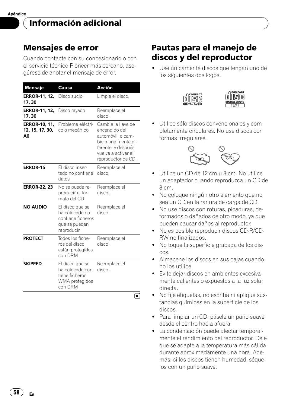 Información adicional mensajes de error, Pautas para el manejo de discos y del, Reproductor | Mensajes de error, Pautas para el manejo de discos y del reproductor, Información adicional | Pioneer DEH-2000MP User Manual | Page 58 / 62