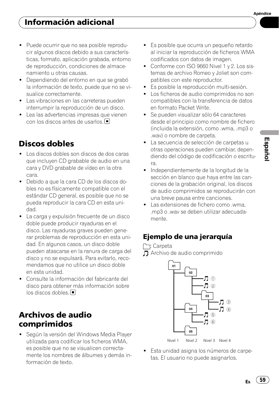 Discos dobles, Archivos de audio comprimidos, Ejemplo de una jerarquía 59 | Información adicional, Ejemplo de una jerarquía | Pioneer DEH-2000MP User Manual | Page 59 / 62