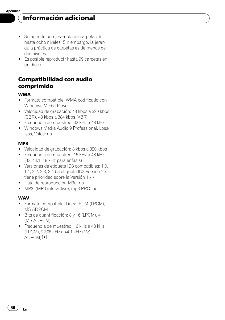 Compatibilidad con audio, Comprimido, Información adicional | Compatibilidad con audio comprimido | Pioneer DEH-2000MP User Manual | Page 60 / 62