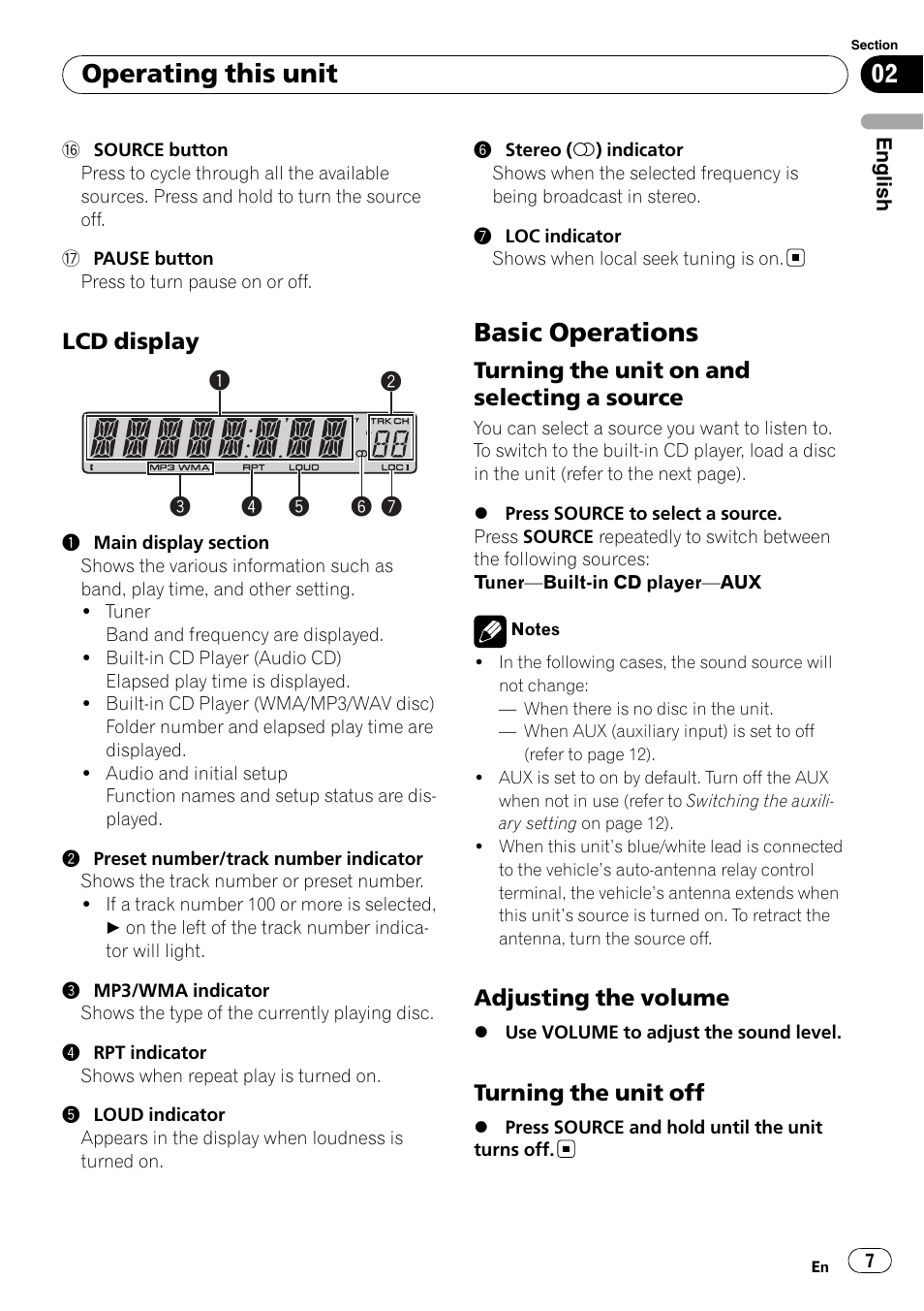 Lcd display 7, Basic operations, Turning the unit on and selecting a | Source, Adjusting the volume 7, Turning the unit off 7, Operating this unit, Lcd display, Turning the unit on and selecting a source, Adjusting the volume | Pioneer DEH-2000MP User Manual | Page 7 / 62