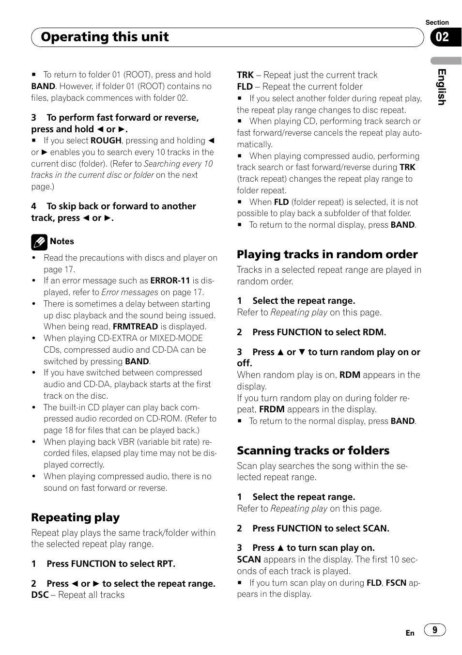 Repeating play 9, Playing tracks in random order 9, Scanning tracks or folders 9 | Operating this unit, Repeating play, Playing tracks in random order, Scanning tracks or folders | Pioneer DEH-2000MP User Manual | Page 9 / 62