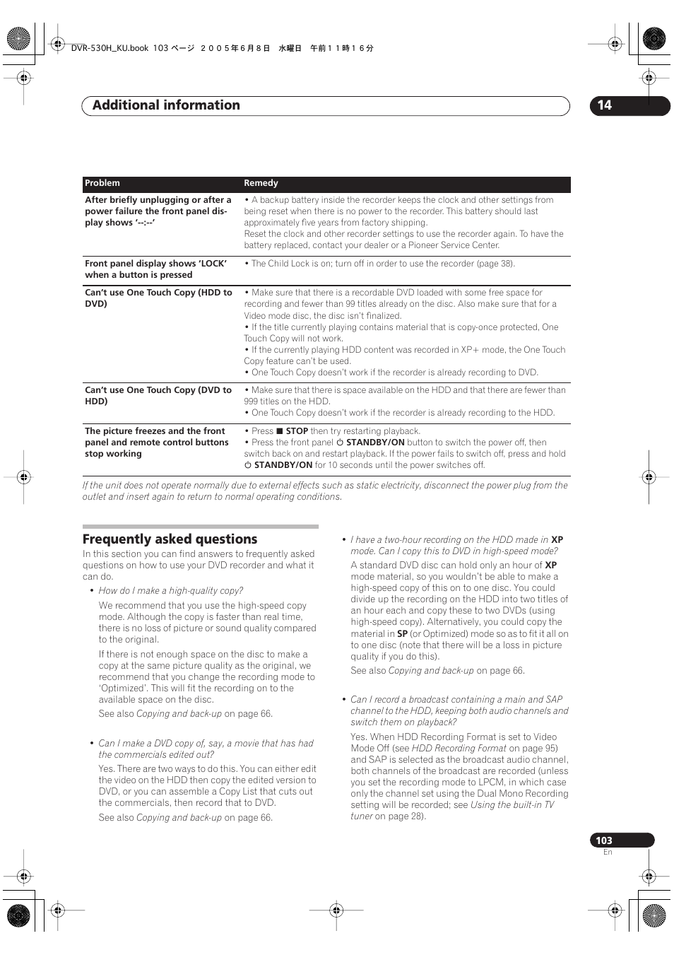 Frequently asked questions, Additional information 14 | Pioneer DVR-531H-S User Manual | Page 103 / 116