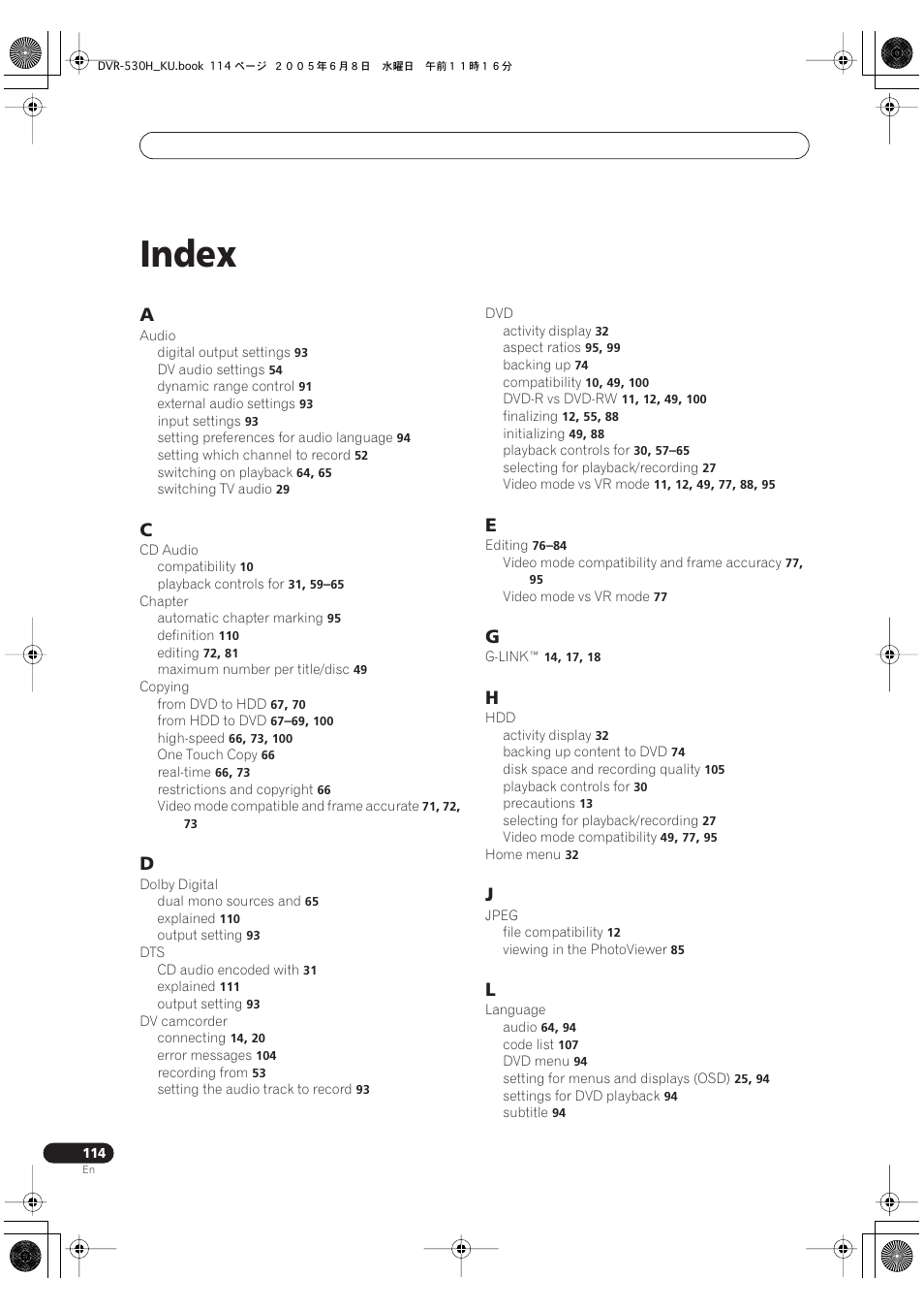 Index | Pioneer DVR-531H-S User Manual | Page 114 / 116