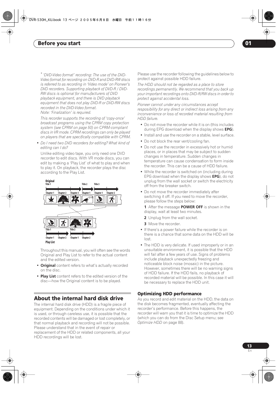 About the internal hard disk drive, Before you start 01 | Pioneer DVR-531H-S User Manual | Page 13 / 116