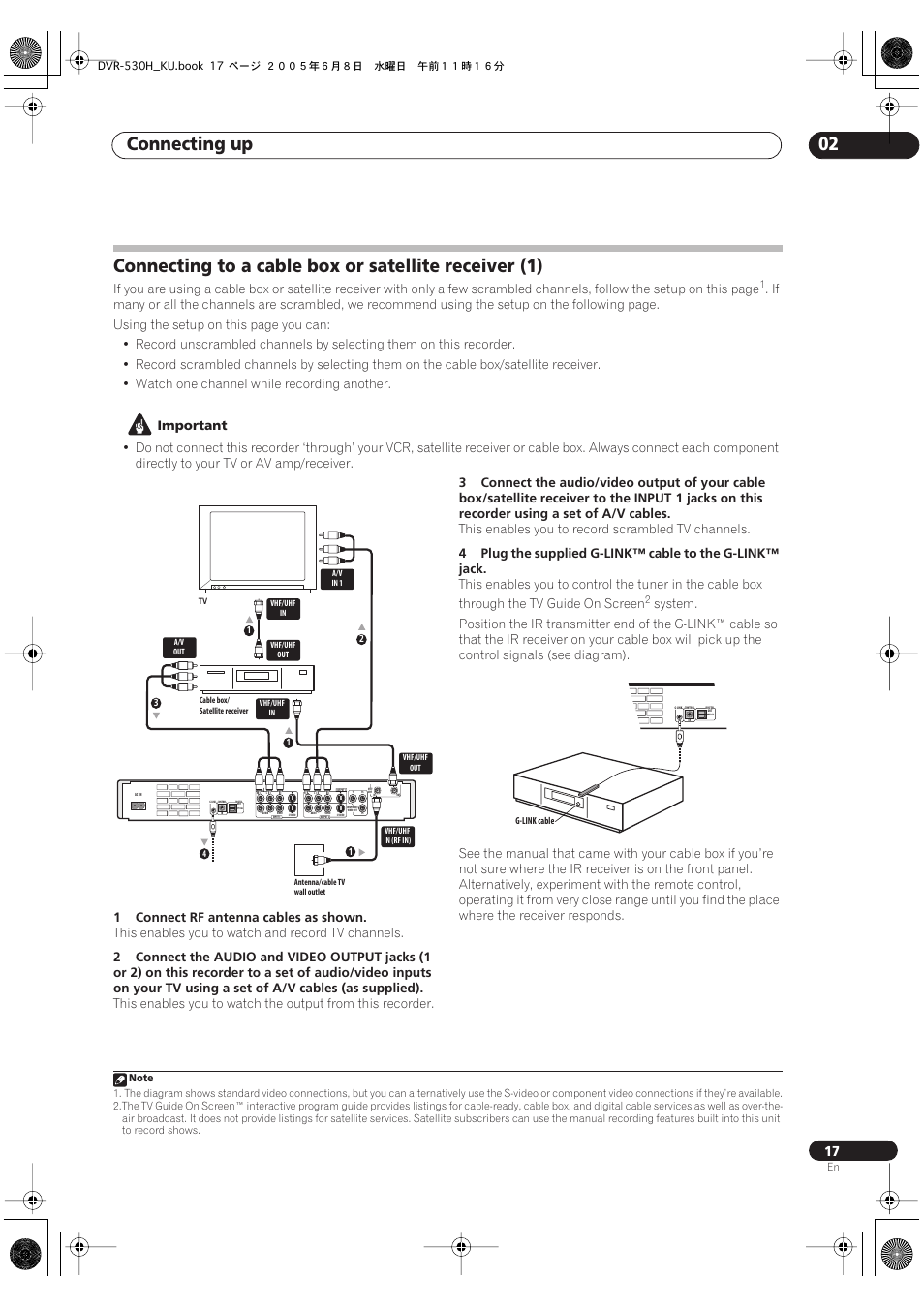 Connecting up 02, Important, 1connect rf antenna cables as shown | This enables you to watch and record tv channels, This enables you to record scrambled tv channels | Pioneer DVR-531H-S User Manual | Page 17 / 116