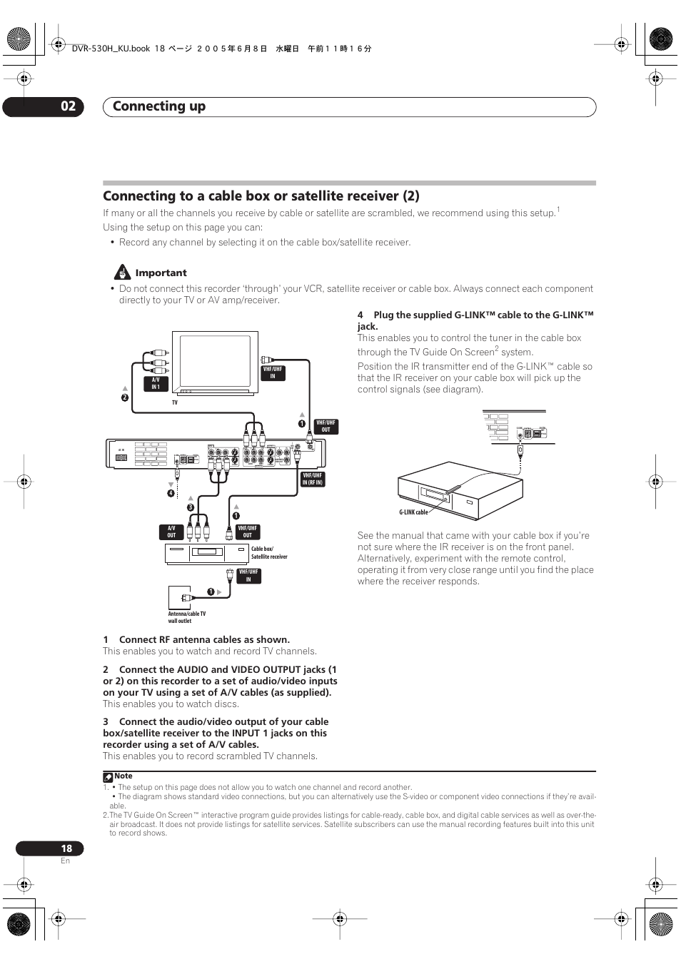 Connecting up 02, Important, 1connect rf antenna cables as shown | This enables you to watch and record tv channels, This enables you to watch discs, This enables you to record scrambled tv channels | Pioneer DVR-531H-S User Manual | Page 18 / 116